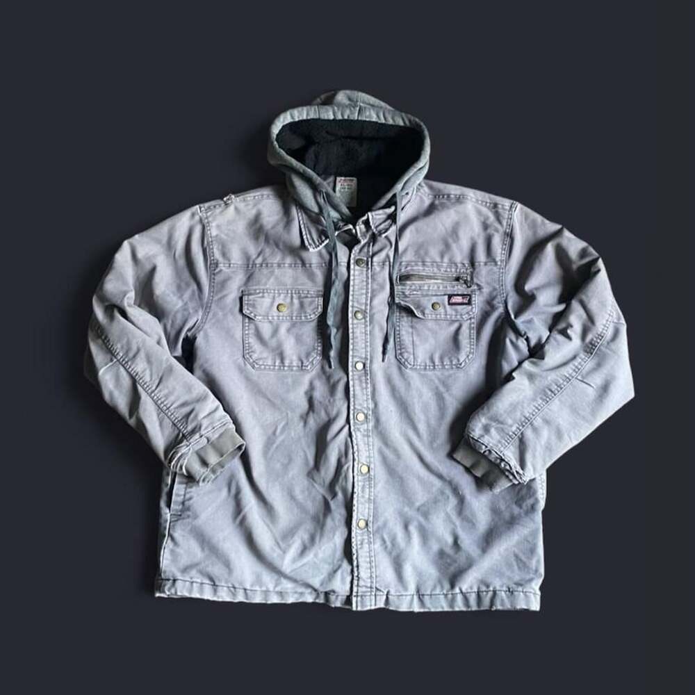 Dickies Work Jacket Men’s XL Faded Distressed Grey Black Zip Button Hood insulat